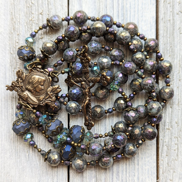 Iridescent Labradorite & Czech Glass True Bronze Rosary - Joan of Arc