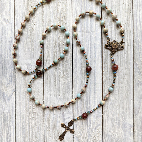 Art Nouveau Blessed Mother with Lilies -  Aqua Terra Jasper, Agate & True Bronze Vintage 5 decade Rosary