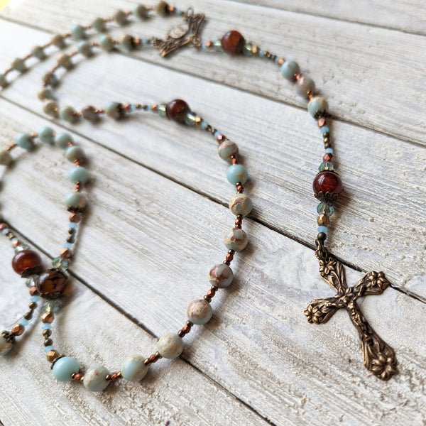 Art Nouveau Blessed Mother with Lilies -  Aqua Terra Jasper, Agate & True Bronze Vintage 5 decade Rosary