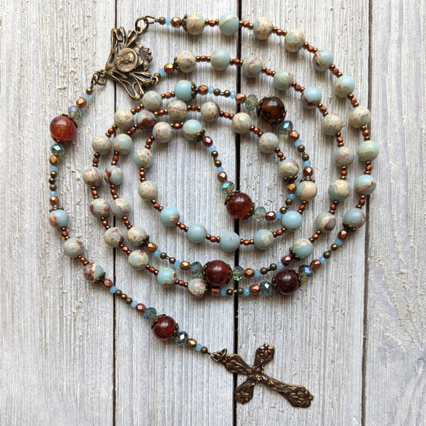 Art Nouveau Blessed Mother with Lilies -  Aqua Terra Jasper, Agate & True Bronze Vintage 5 decade Rosary