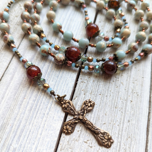Art Nouveau Blessed Mother with Lilies -  Aqua Terra Jasper, Agate & True Bronze Vintage 5 decade Rosary