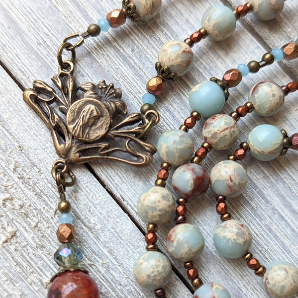 Art Nouveau Blessed Mother with Lilies -  Aqua Terra Jasper, Agate & True Bronze Vintage 5 decade Rosary