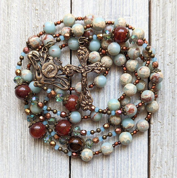 Art Nouveau Blessed Mother with Lilies -  Aqua Terra Jasper, Agate & True Bronze Vintage 5 decade Rosary