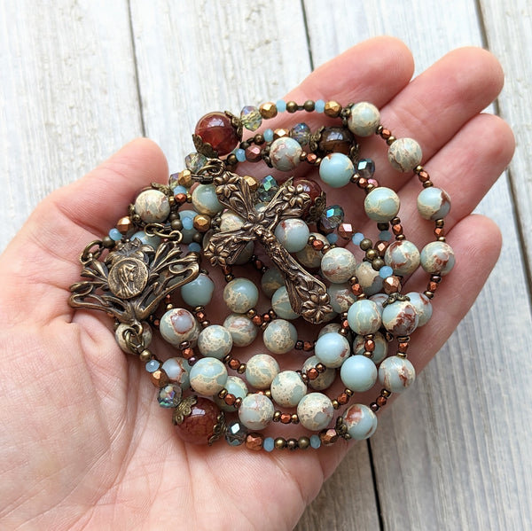 Art Nouveau Blessed Mother with Lilies -  Aqua Terra Jasper, Agate & True Bronze Vintage 5 decade Rosary