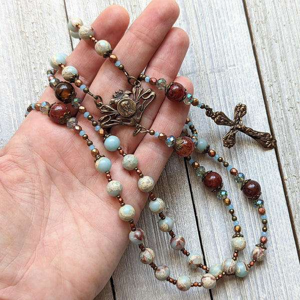 Art Nouveau Blessed Mother with Lilies -  Aqua Terra Jasper, Agate & True Bronze Vintage 5 decade Rosary