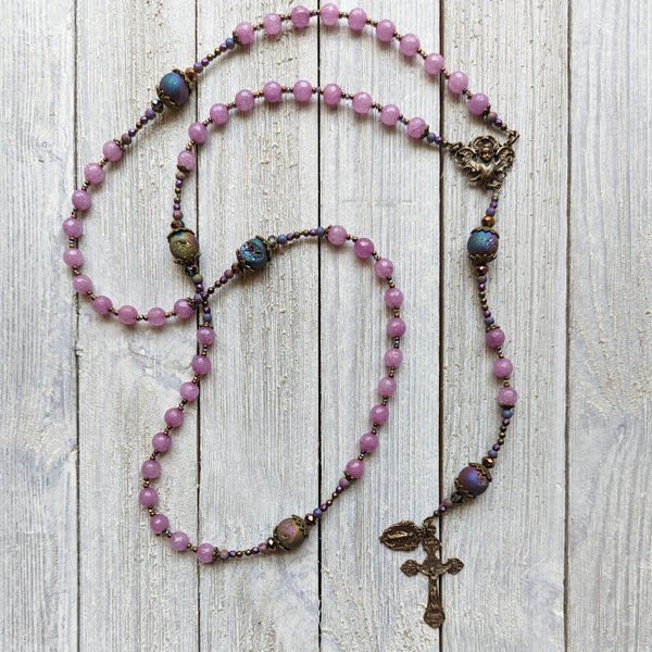 Phosphoderite Jade, Druzy Agate & True bronze semi-precious stone 5 decade Rosary