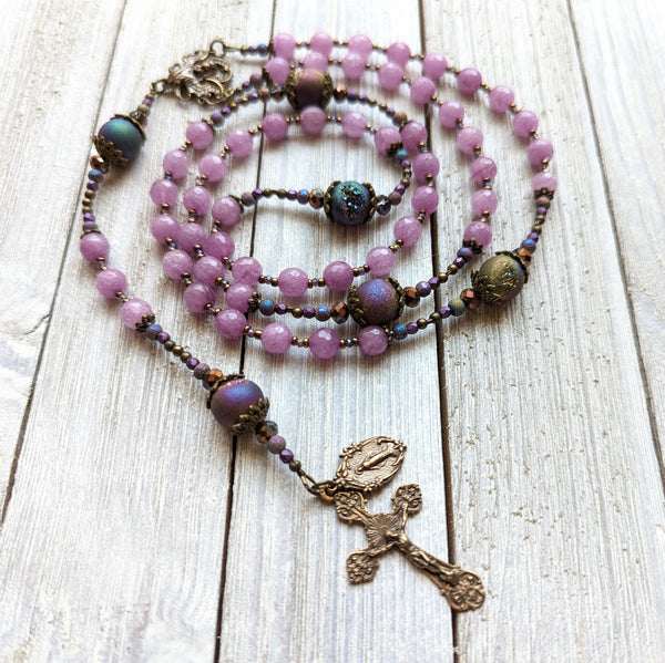 Phosphoderite Jade, Druzy Agate & True bronze semi-precious stone 5 decade Rosary