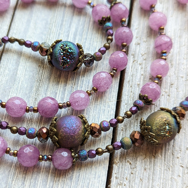 Phosphoderite Jade, Druzy Agate & True bronze semi-precious stone 5 decade Rosary