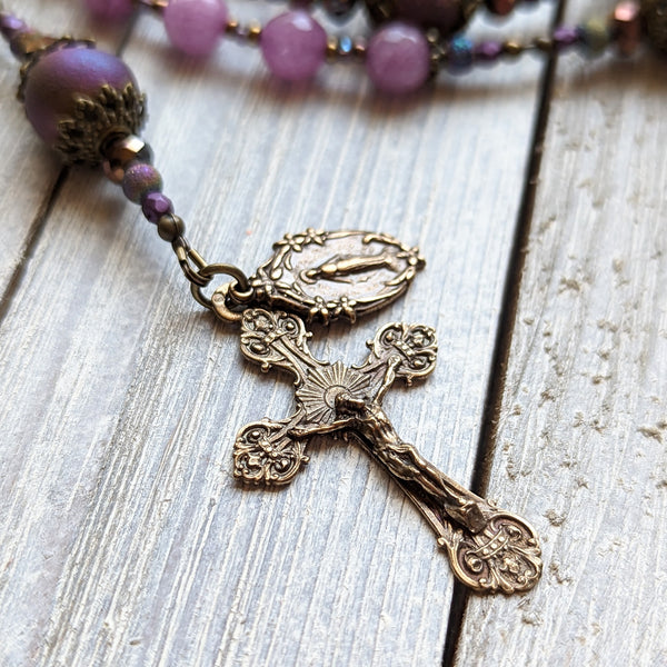 Phosphoderite Jade, Druzy Agate & True bronze semi-precious stone 5 decade Rosary