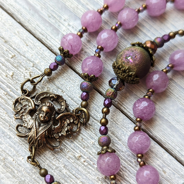 Phosphoderite Jade, Druzy Agate & True bronze semi-precious stone 5 decade Rosary