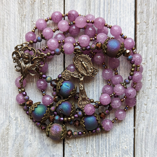 Phosphoderite Jade, Druzy Agate & True bronze semi-precious stone 5 decade Rosary