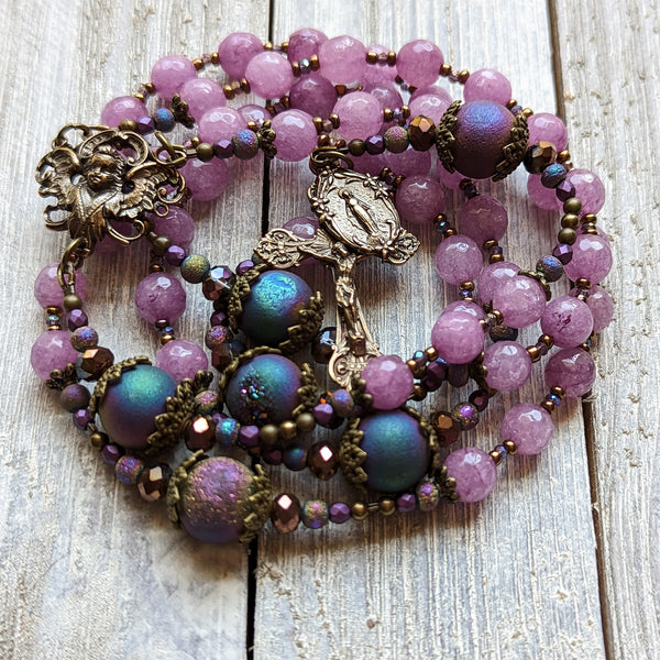 Phosphoderite Jade, Druzy Agate & True bronze semi-precious stone 5 decade Rosary