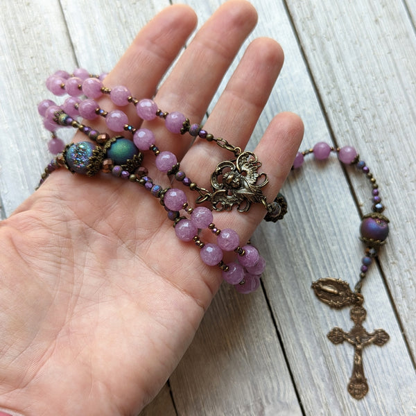 Phosphoderite Jade, Druzy Agate & True bronze semi-precious stone 5 decade Rosary