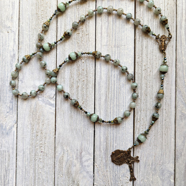STELLA MARIS - Kiwi Jasper, Quartz & iridescent glass, & true bronze 5 decade Rosary