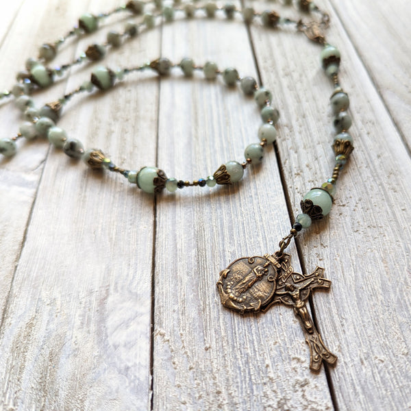 STELLA MARIS - Kiwi Jasper, Quartz & iridescent glass, & true bronze 5 decade Rosary