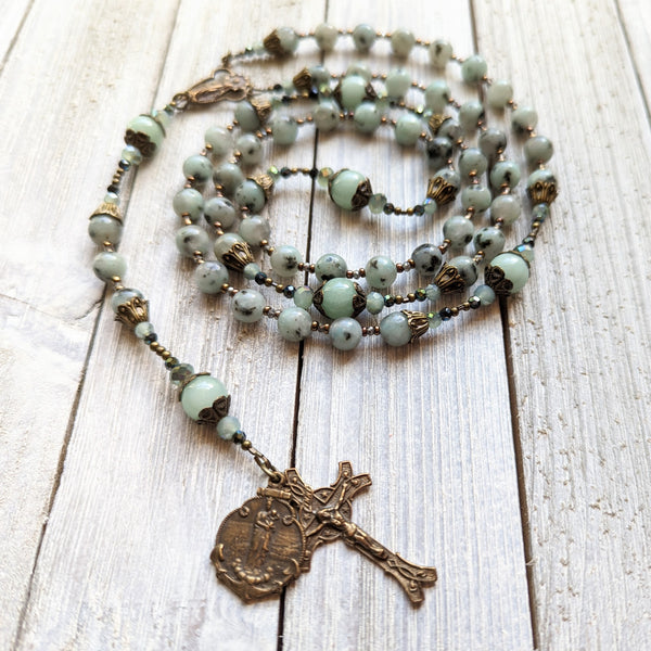 STELLA MARIS - Kiwi Jasper, Quartz & iridescent glass, & true bronze 5 decade Rosary