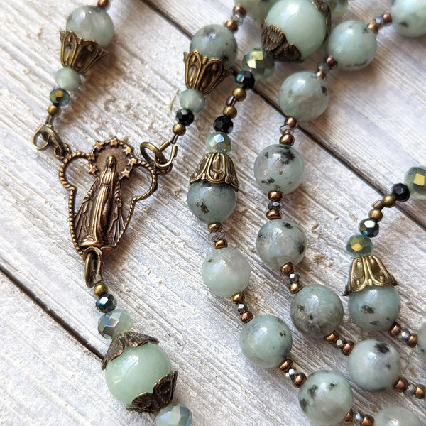 STELLA MARIS - Kiwi Jasper, Quartz & iridescent glass, & true bronze 5 decade Rosary