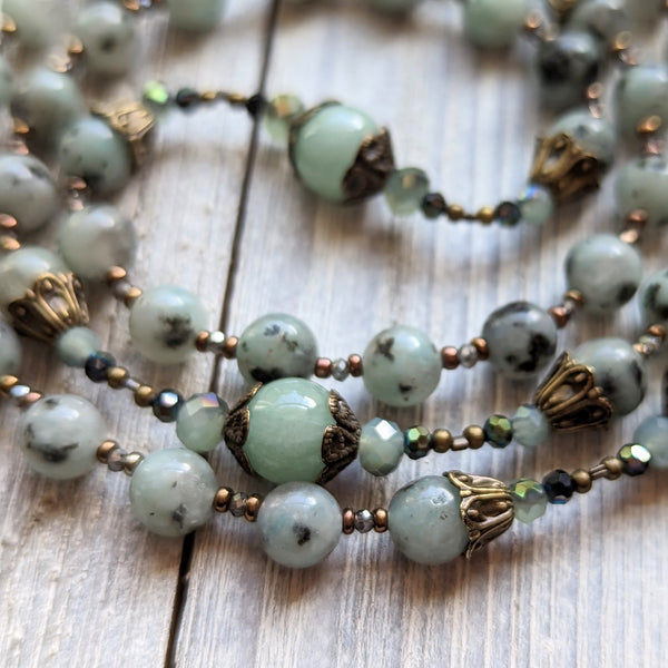 STELLA MARIS - Kiwi Jasper, Quartz & iridescent glass, & true bronze 5 decade Rosary