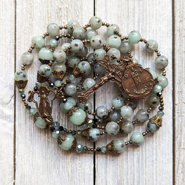 STELLA MARIS - Kiwi Jasper, Quartz & iridescent glass, & true bronze 5 decade Rosary
