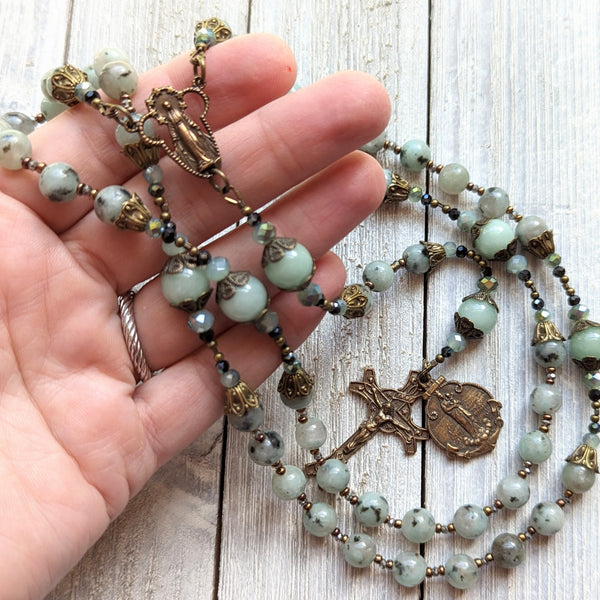 STELLA MARIS - Kiwi Jasper, Quartz & iridescent glass, & true bronze 5 decade Rosary