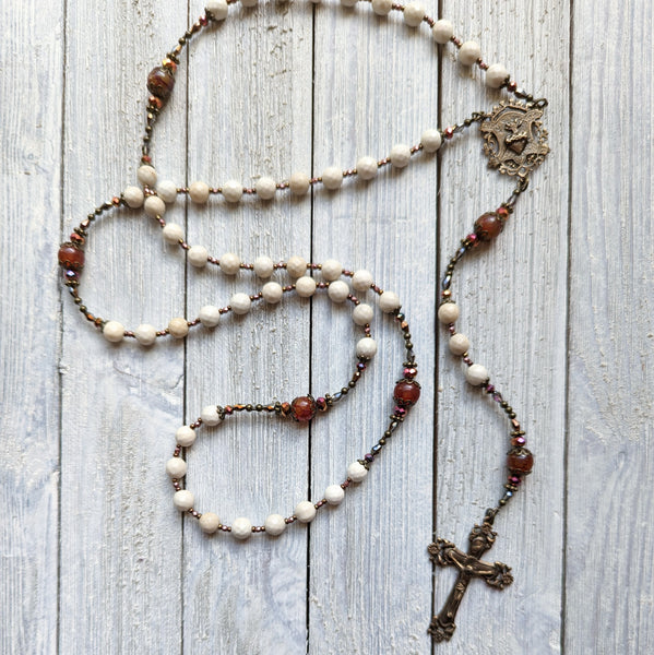 SACRED HEART - White shell, Dragon's Vein Agate, & true bronze 5 decade Rosary with Large center/crucifix