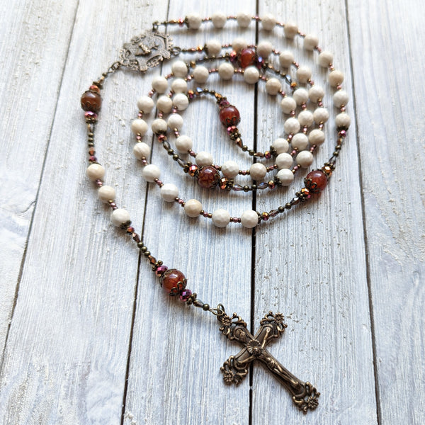 SACRED HEART - White shell, Dragon's Vein Agate, & true bronze 5 decade Rosary with Large center/crucifix