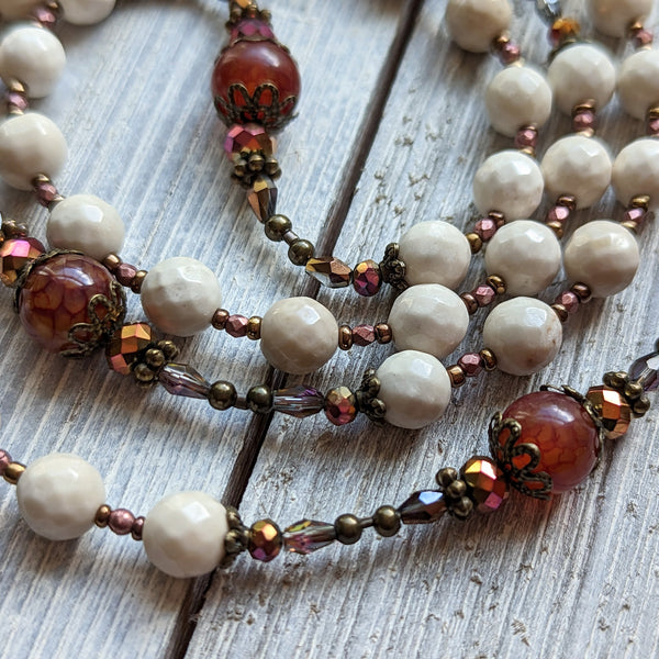 SACRED HEART - White shell, Dragon's Vein Agate, & true bronze 5 decade Rosary with Large center/crucifix