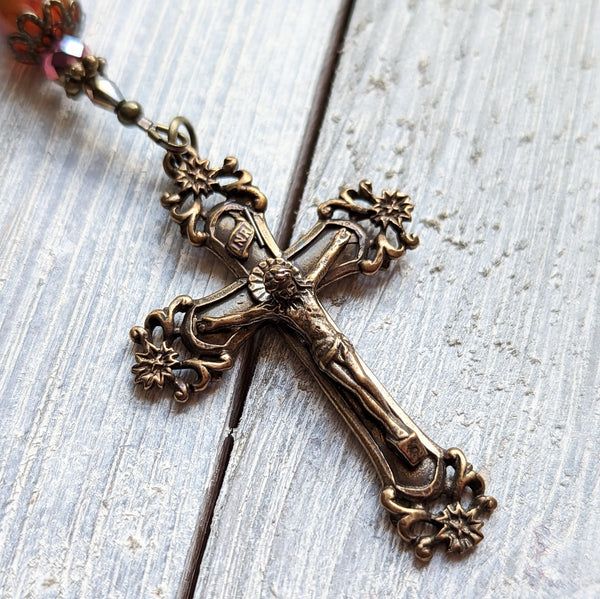 SACRED HEART - White shell, Dragon's Vein Agate, & true bronze 5 decade Rosary with Large center/crucifix