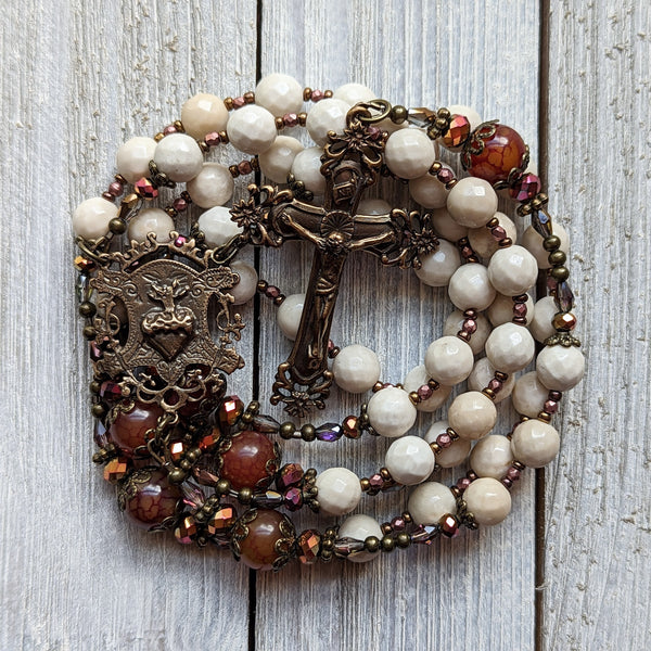 SACRED HEART - White shell, Dragon's Vein Agate, & true bronze 5 decade Rosary with Large center/crucifix