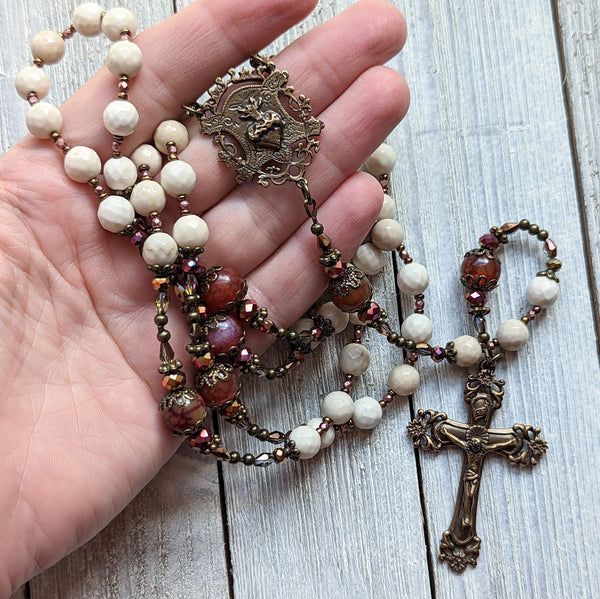 SACRED HEART - White shell, Dragon's Vein Agate, & true bronze 5 decade Rosary with Large center/crucifix