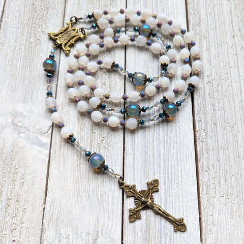 Crackled white Agate, Druzy Agate & Iridescent Glass - 5 decade Rosary