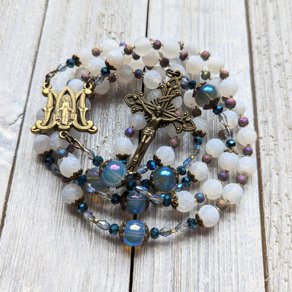 Crackled white Agate, Druzy Agate & Iridescent Glass - 5 decade Rosary