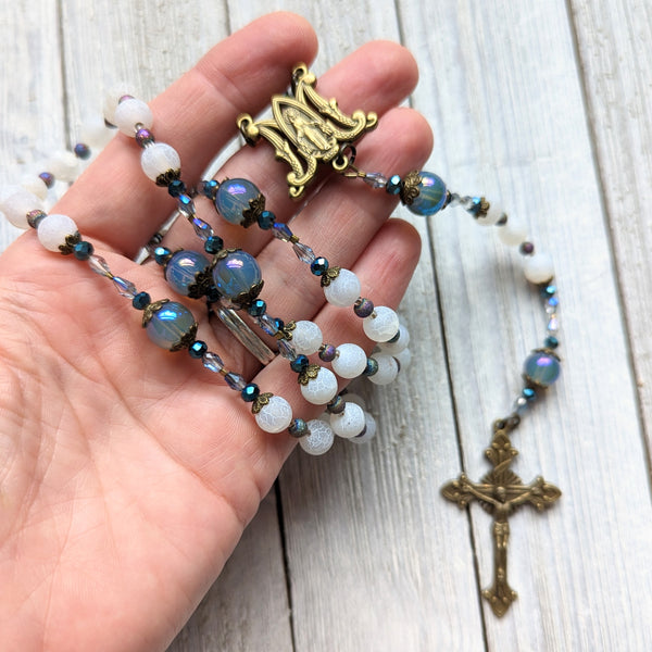 Crackled white Agate, Druzy Agate & Iridescent Glass - 5 decade Rosary