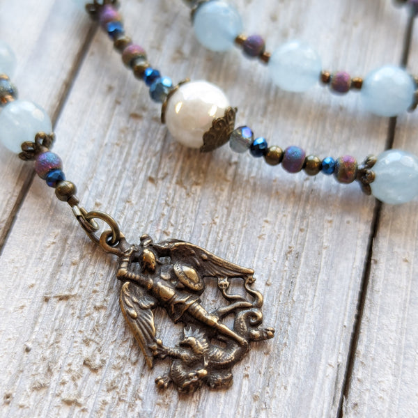 ST MICHAEL THE ARCHANGEL Jade, Quartz, Druzy Agate and True Bronze CHAPLET