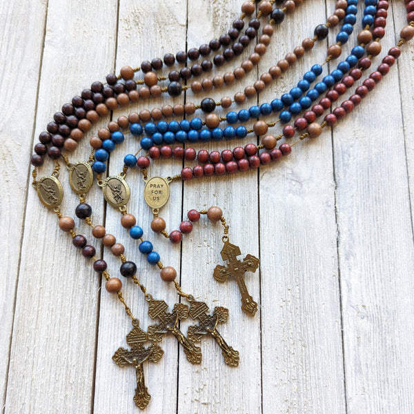 Corded St. Michael  Rosary with painted wood beads, nylon cording, Italian bronze tone hardware
