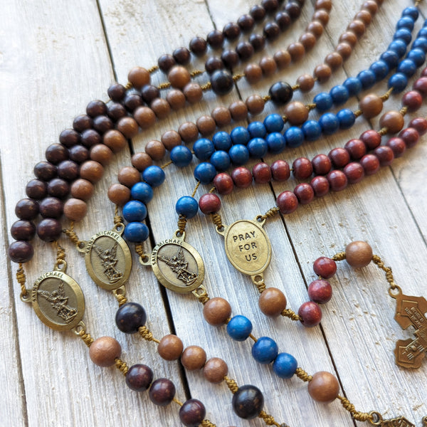 Corded St. Michael  Rosary with painted wood beads, nylon cording, Italian bronze tone hardware