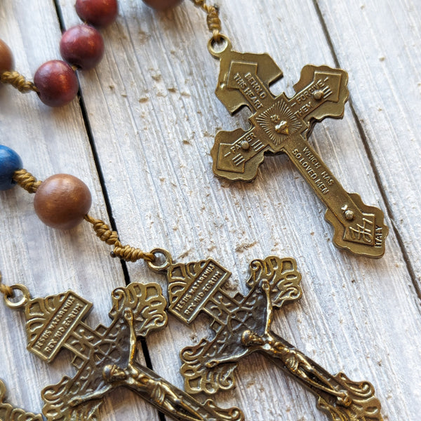 Corded St. Michael  Rosary with painted wood beads, nylon cording, Italian bronze tone hardware