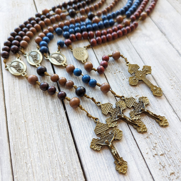 Corded St. Michael  Rosary with painted wood beads, nylon cording, Italian bronze tone hardware