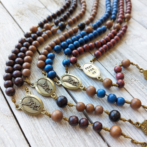Corded St. Michael  Rosary with painted wood beads, nylon cording, Italian bronze tone hardware