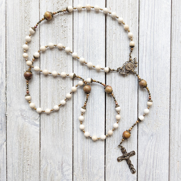 Art Nouveau style Ecce Homo -  Jade, Picasso Jasper & True Bronze Vintage 5 decade Rosary