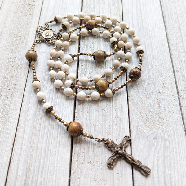 Art Nouveau style Ecce Homo -  Jade, Picasso Jasper & True Bronze Vintage 5 decade Rosary