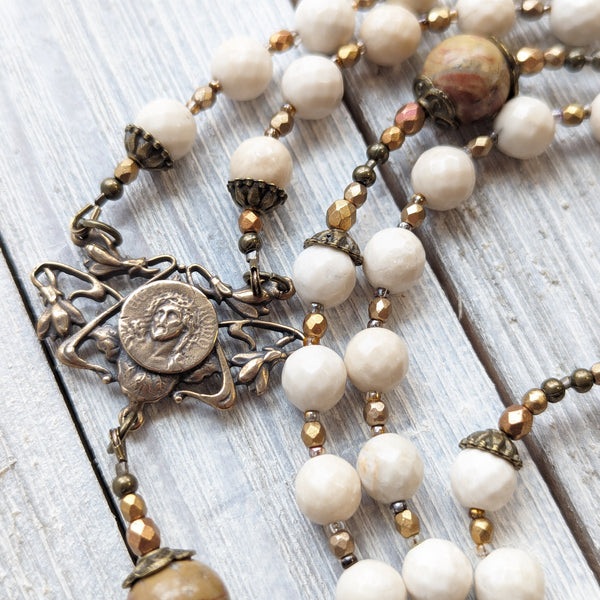 Art Nouveau style Ecce Homo -  Jade, Picasso Jasper & True Bronze Vintage 5 decade Rosary