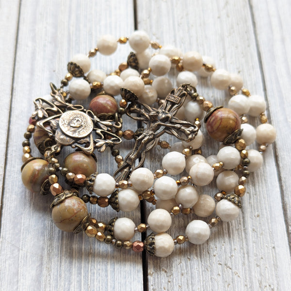 Art Nouveau style Ecce Homo -  Jade, Picasso Jasper & True Bronze Vintage 5 decade Rosary