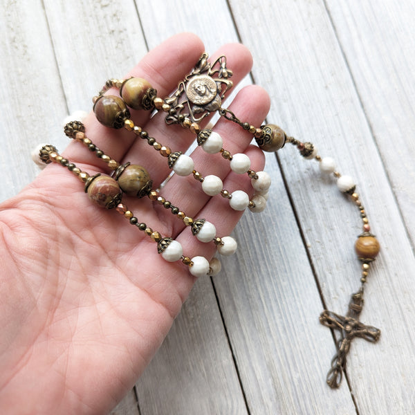 Art Nouveau style Ecce Homo -  Jade, Picasso Jasper & True Bronze Vintage 5 decade Rosary