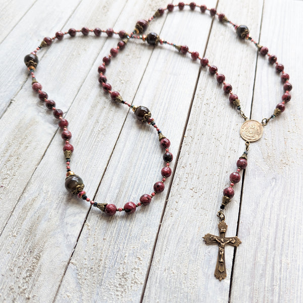 Our Lady of Sorrows Servite Rosary - Seven Sorrows of Mary Chaplet- Jade, Quartz, True Bronze