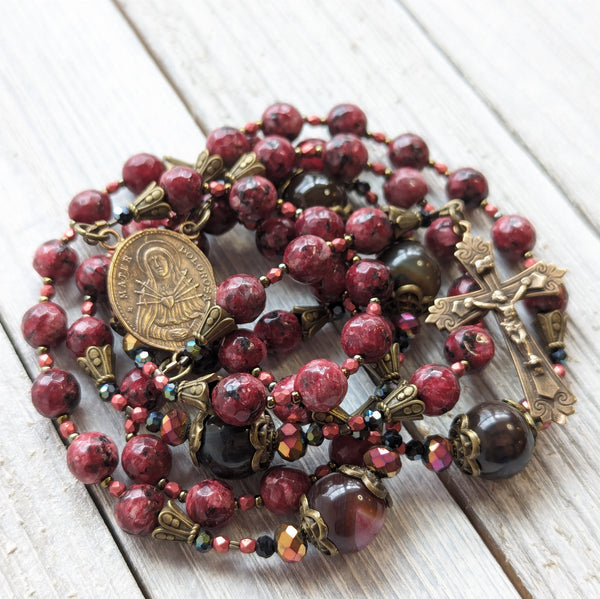 Our Lady of Sorrows Servite Rosary - Seven Sorrows of Mary Chaplet- Jade, Quartz, True Bronze