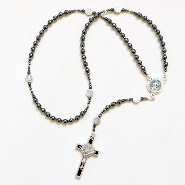 St. Benedict gunmetal hematite military style five decade Rosary - medium size