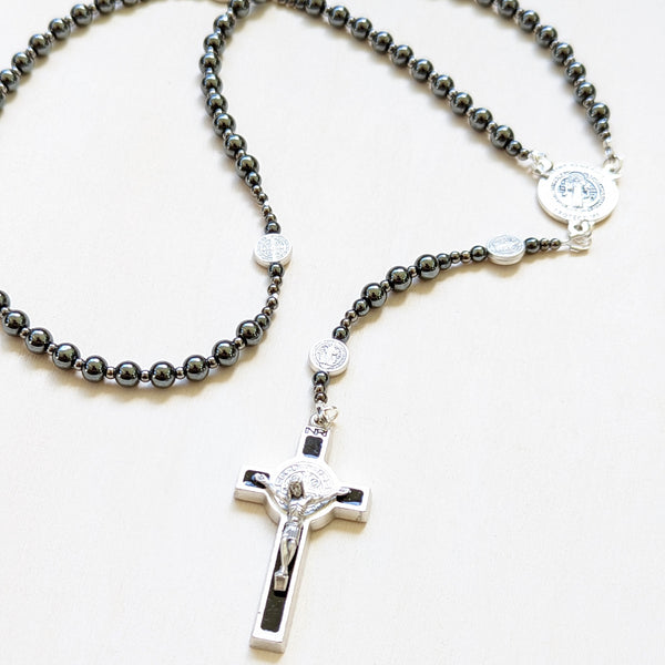 St. Benedict gunmetal hematite military style five decade Rosary - medium size