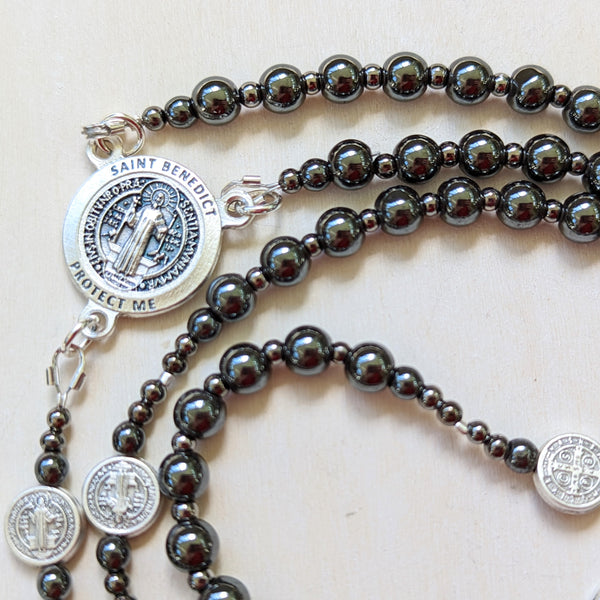 St. Benedict gunmetal hematite military style five decade Rosary - medium size