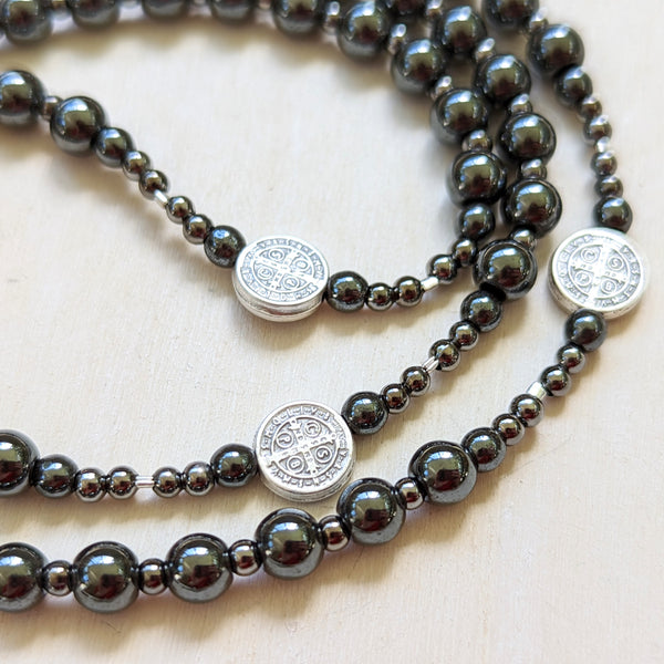 St. Benedict gunmetal hematite military style five decade Rosary - medium size